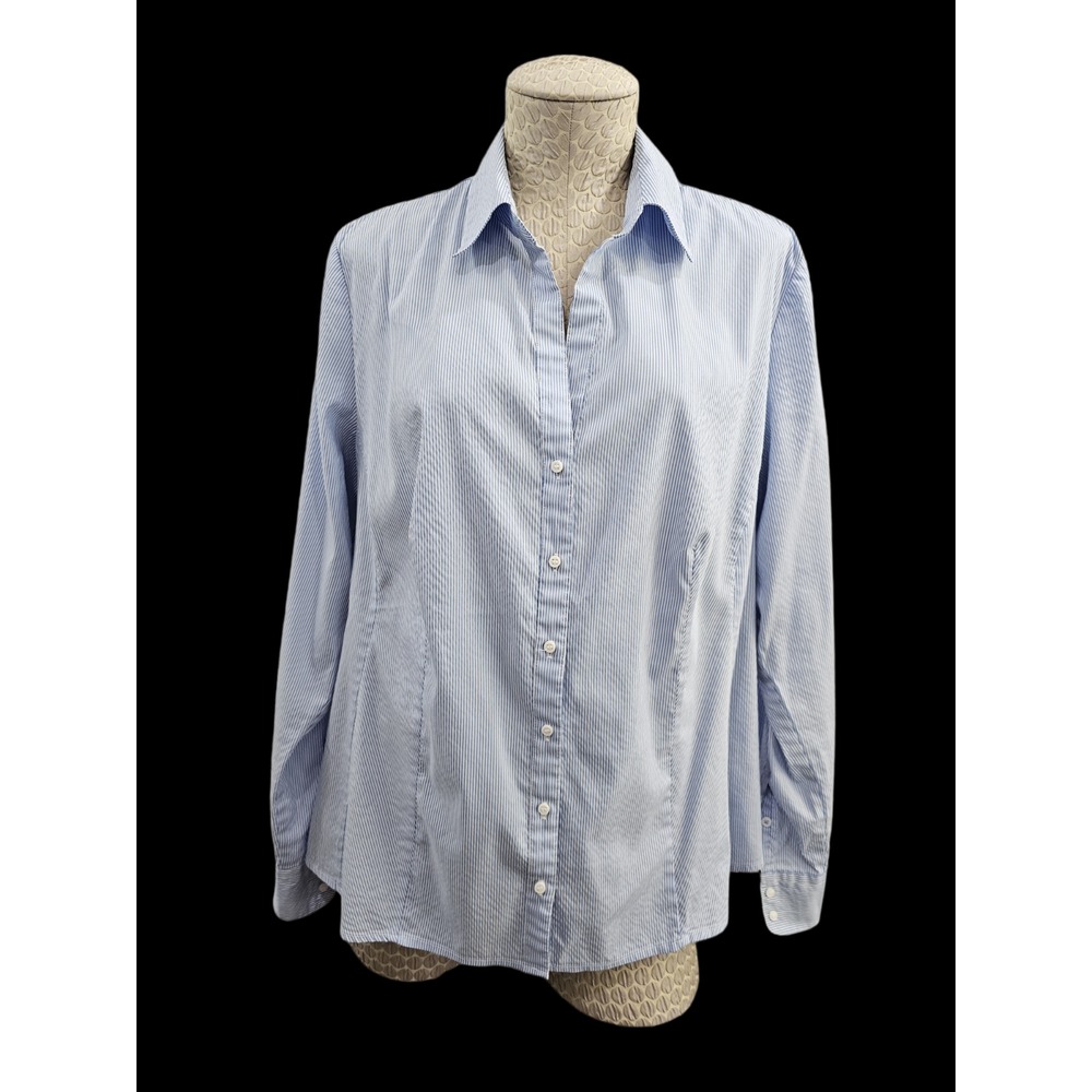 H&M 18 Plus Blue White Striped Button Down Dress Shirt Blouse Tunic Stretch‎ EUC